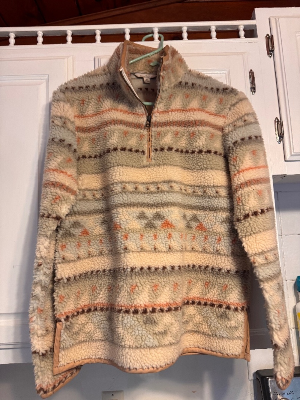 Cozy Sherpa LL BEAN Quarter-Zip fleece - Cream with Soft Green & Peach Accents
